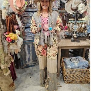 A Rare Bird Floral Striped Frayed One Size Wide leg Chambray Pants